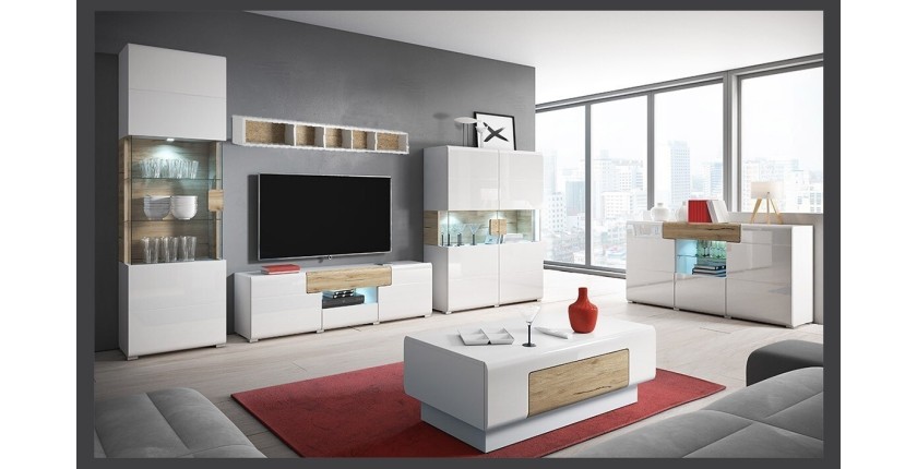 Ensemble complet de 6 meubles de salon collection OHIO. Coloris blanc et effet chêne.