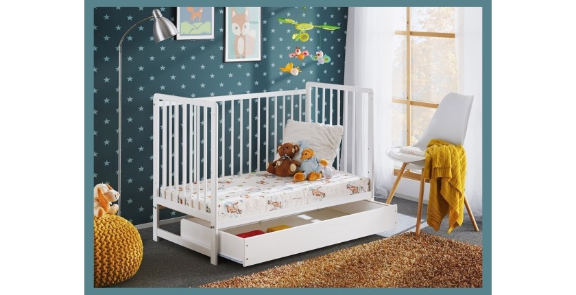 Lit bébé évolutif avec tiroir et matelas collection LUTIN réglable en hauteur. Coloris blanc mat.