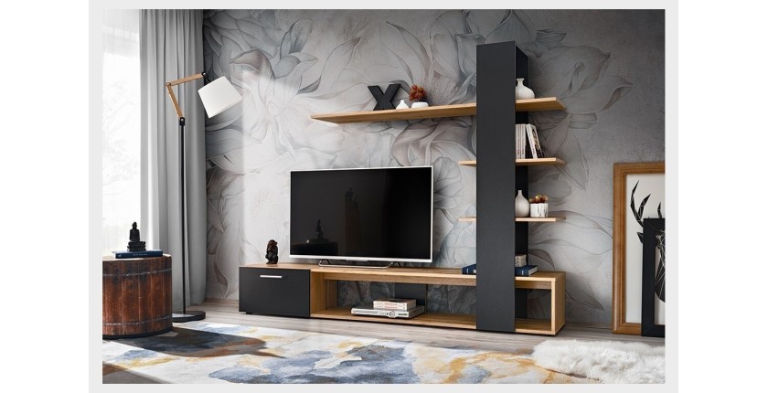 Meuble TV avec bibliothèque et étagères intégrées collection CLEO. Coloris noir et chêne