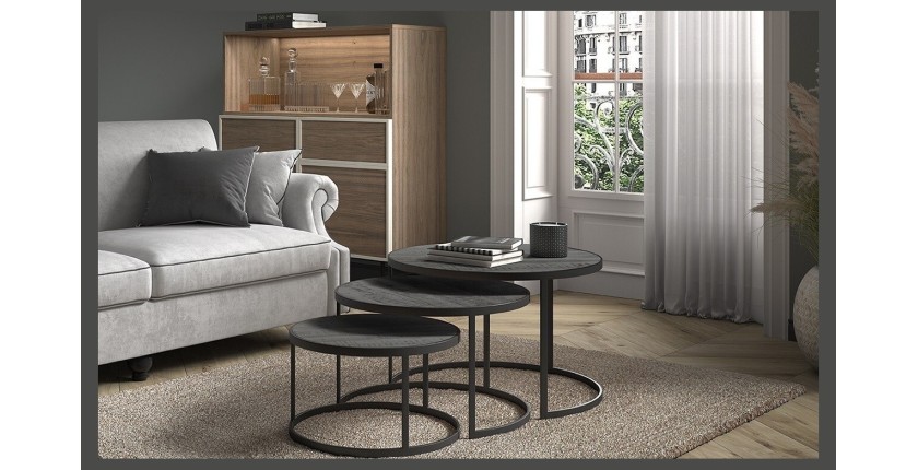 Table basse gigogne ronde noir collection LENOX. Meuble style industriel