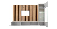Ensemble de meubles de salon suspendus avec fond mural décoratif collection TASHYA. Couleur chêne, gris perle et noir