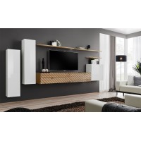 Ensemble meuble salon SWITCH I design, coloris blanc et chêne Wotan. Finitions effet chêne fraisé.