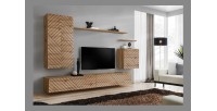 Ensemble meuble salon SWITCH II design, coloris chêne wotan. Finitions façades effet chêne fraisé.