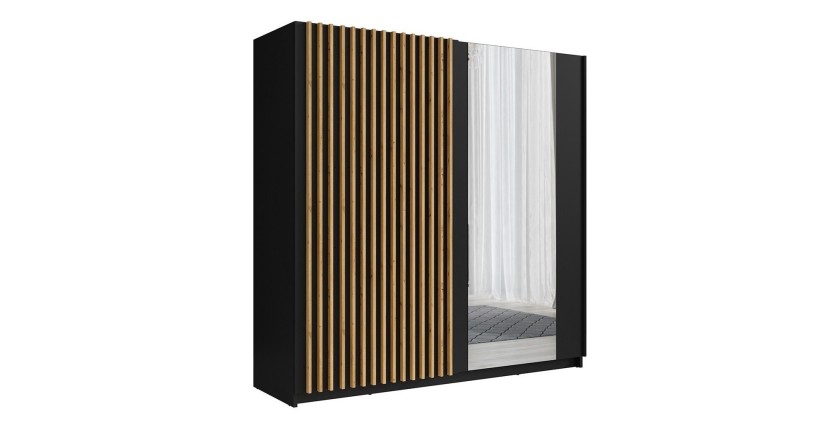 Armoire design 200cm coloris noir et chêne collection STRANO. Deux portes coulissantes. Dressing complet avec miroir.