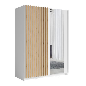 Armoire design 150cm coloris blanc et chêne collection STRANO. Deux portes coulissantes. Dressing complet avec miroir.