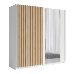 Armoire design 200cm coloris blanc et chêne collection STRANO. Deux portes coulissantes. Dressing complet avec miroir.