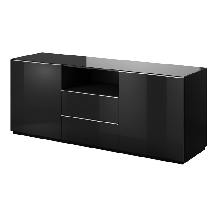 Buffet 180cm 2 portes et 2 tiroirs collection ZANTE. Coloris noir brillant pailleté. LED inclus