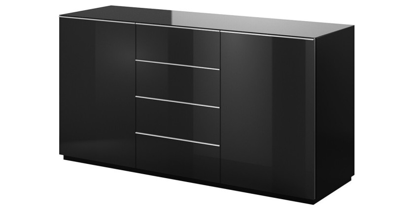 Buffet 160cm 2 portes et 4 tiroirs collection ZANTE. Coloris noir brillant pailleté.