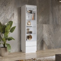 Vitrine haute, 1 porte vitrée et 2 tiroirs collection ZANTE avec LED intégrées. Coloris blanc brillant.