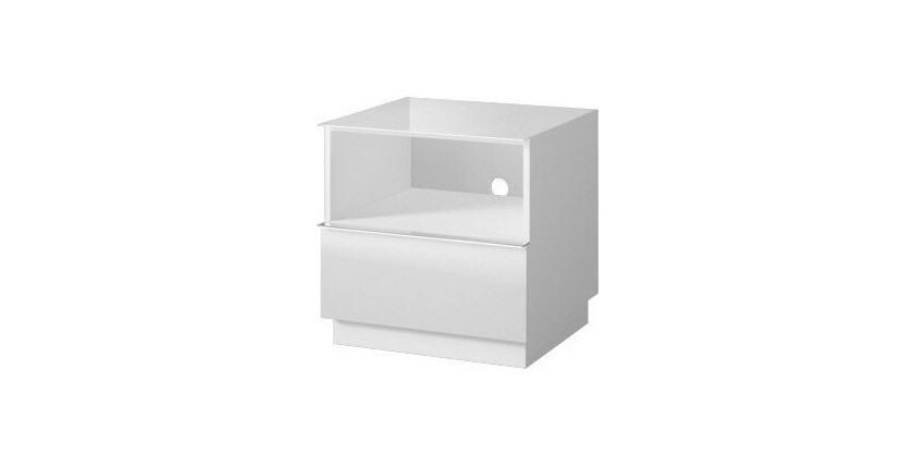 Petit Meuble TV ou meuble d'appoint 50cm collection ZANTE avec 1 tiroir et une niche avec LED. Couleur blanc brillant.