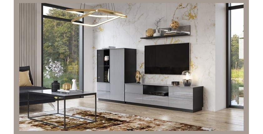 Ensemble meuble TV, buffet haut et étagère collection ZANTE. Couleur noir et gris brillant.