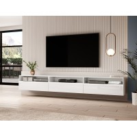 Meuble TV XL 270cm à poser ou à suspendre collection RAMOS. Coloris blanc brillant.