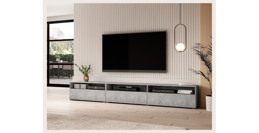 Meuble TV XL 270cm à poser ou à suspendre collection RAMOS. Coloris gris effet béton.