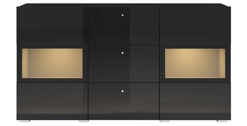 Buffet 2 portes et 3 tiroirs collection RAMOS. Éclairage LED intégré. Coloris noir brillant.