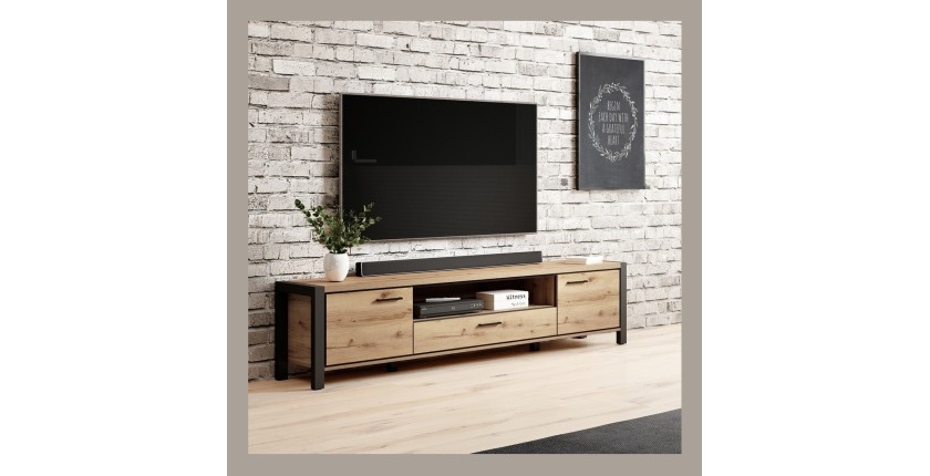 Meuble TV XL 210cm collection BOWIE. Couleur chêne et noir. 2 portes et 1 tiroir.