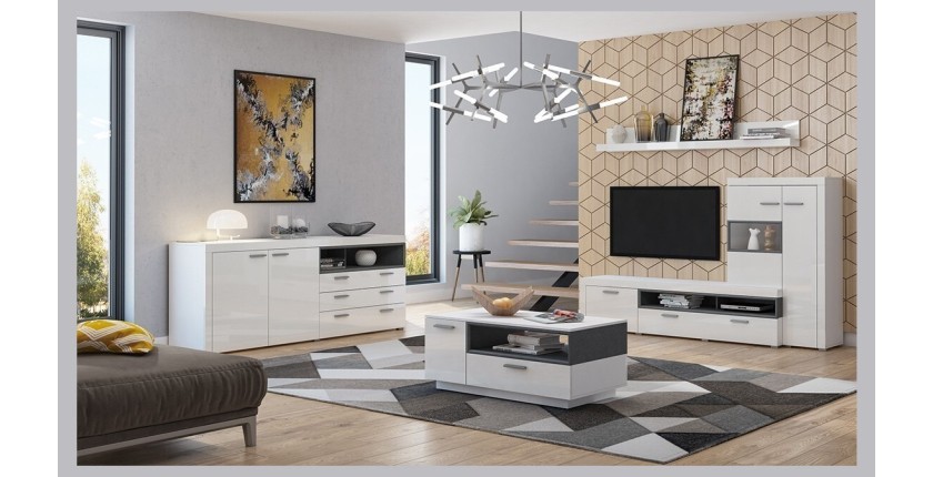 Ensemble de 4 meubles de salon collection BONO. Couleur blanc et gris anthracite.