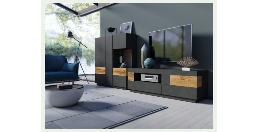 Meuble TV 160cm collection KILES. Coloris gris anthracite et chêne. Style design.