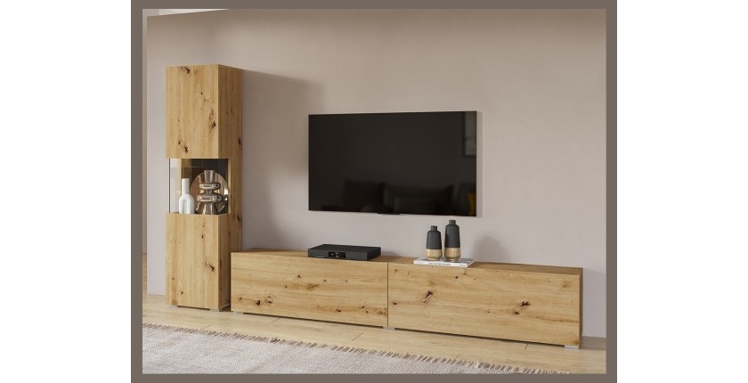 Ensemble meuble TV et vitrine collection EVA. Couleur chêne et noir.