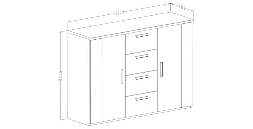 Commode design 2 portes et 4 tiroirs 130cm. Collection FOX coloris chêne foncé et noir.