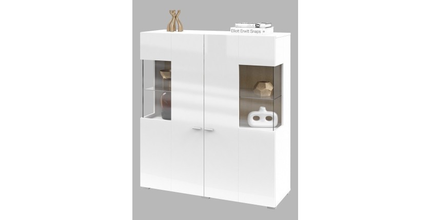 Buffet haut collection KOBEE 2 portes vitrées avec LED intégrée. Couleur blanc et chêne.