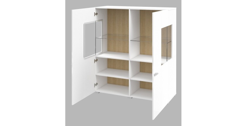 Buffet haut collection KOBEE 2 portes vitrées avec LED intégrée. Couleur blanc et chêne.