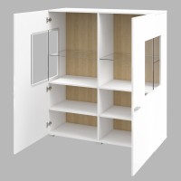 Buffet haut collection KOBEE 2 portes vitrées avec LED intégrée. Couleur blanc et chêne.