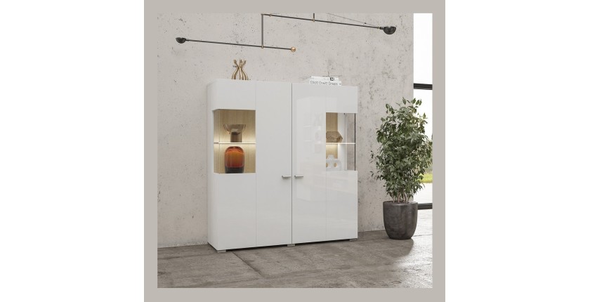 Buffet haut collection KOBEE 2 portes vitrées avec LED intégrée. Couleur blanc et chêne.