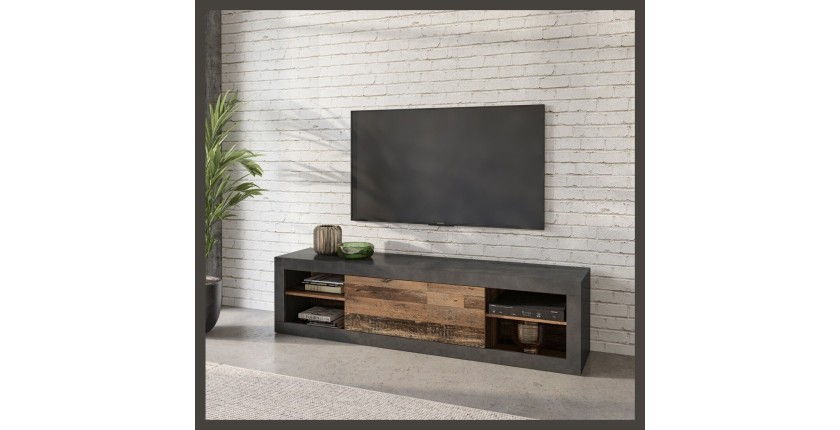 Meuble TV 180cm couleur chêne foncé et noir mat collection ONYXIA.