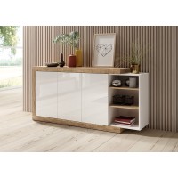 Buffet 180cm coloris chêne et blanc brillant avec nombreux rangements collection SINATRA.