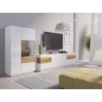 Meuble TV XL 200cm collection KILES. Coloris blanc et chêne. Style design.