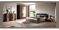 Chambre à coucher complète FOX: Armoire 200cm, Lit 160x200, commode, chevets. Couleur chêne foncé et noir