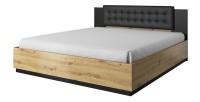 Chambre à coucher complète FOX : Lit coffre 160x200, Armoire 200cm, commode, chevets. Couleur chêne clair et noir