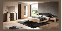 Chambre à coucher complète FOX : Armoire 200cm, Lit 180x200, commode, chevets. Couleur chêne clair et noir.