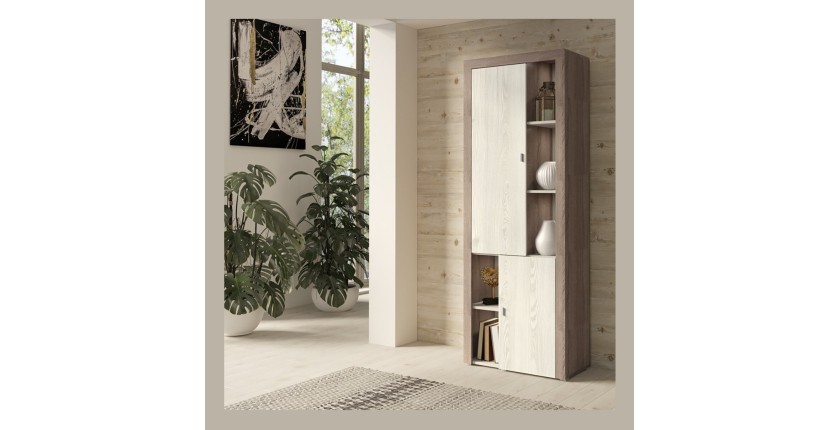 Vitrine haute design, 2 portes collection BELMONT. Coloris chêne et blanc crème effet bois.