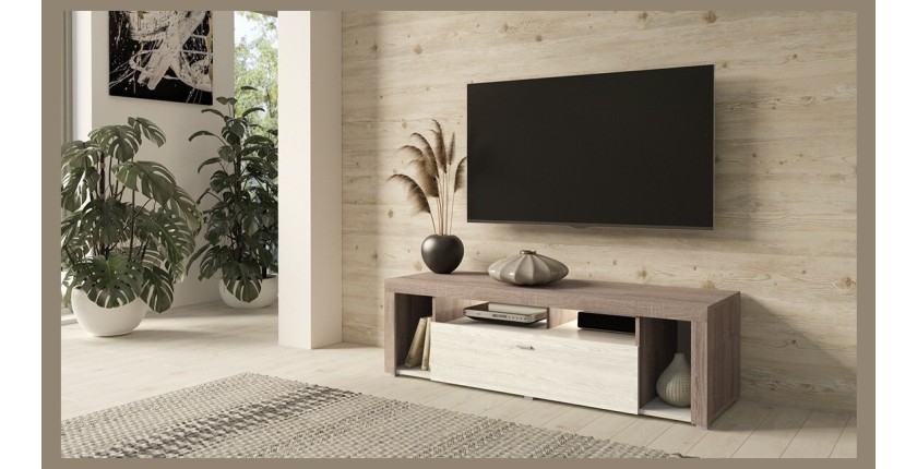 Meuble TV 150cm collection BELMONT. Coloris chêne et blanc crème effet bois.
