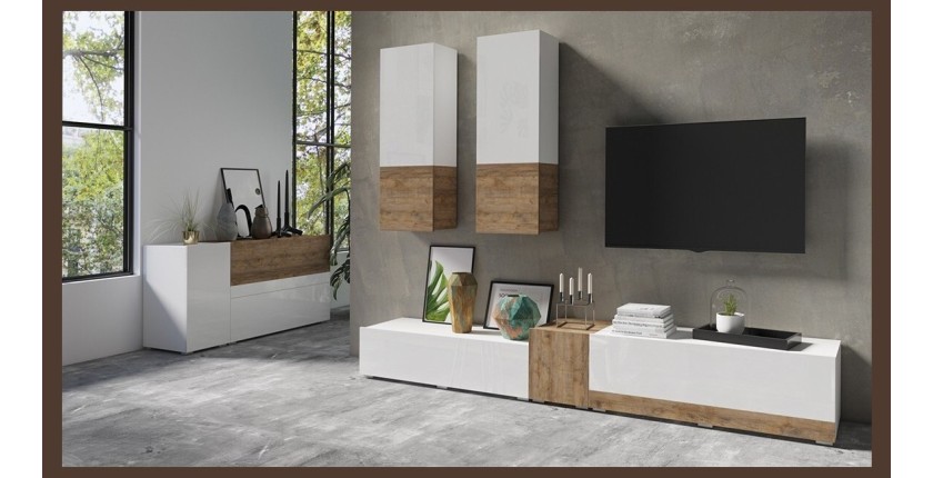 Ensemble meuble TV et buffet 135cm collection RIGA. Coloris blanc et chêne