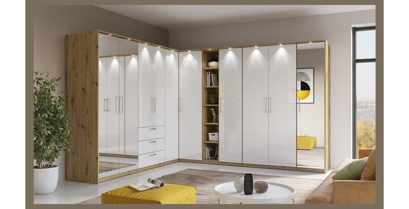 Armoire d'angle pour dressing collection MODULO coloris chêne et blanc brillant avec LED incluses.
