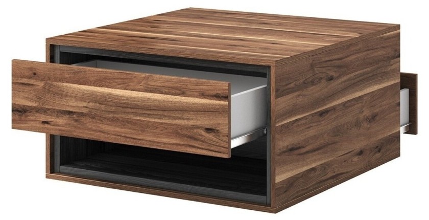 Table basse design avec 2 tiroirs collection SYLVA et niches de rangement. Couleur chêne et gris.