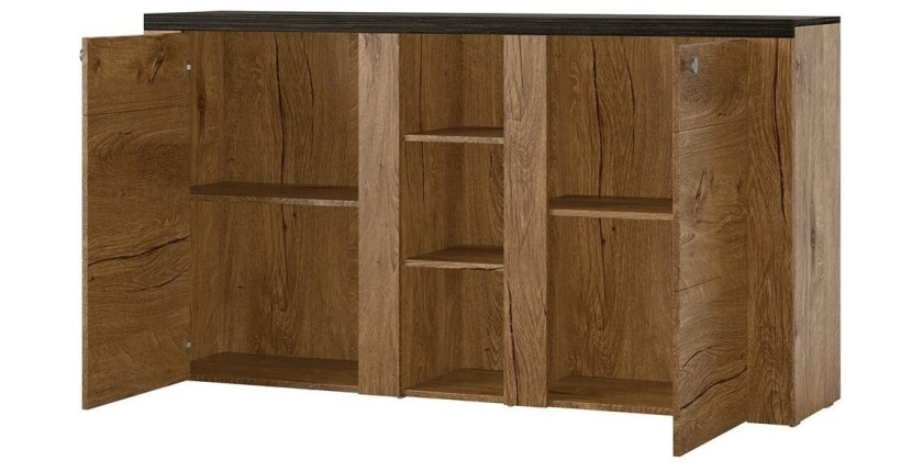 Buffet design 155cm pour salon couleur chêne et noir effet bois collection SANTIAGO.