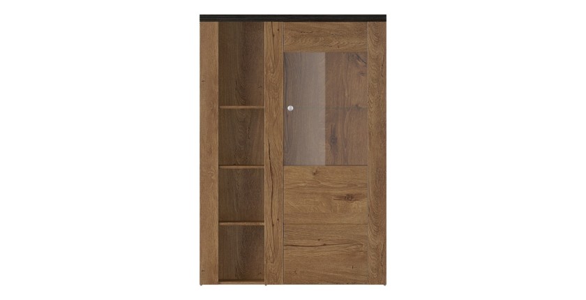 Buffet haut design 1 porte pour salon couleur chêne et noir effet bois. collection SANTIAGO.
