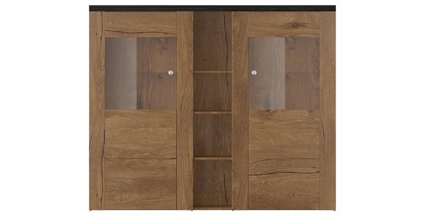 Vaisselier design 2 portes pour salon couleur chêne et noir effet bois. collection SANTIAGO.