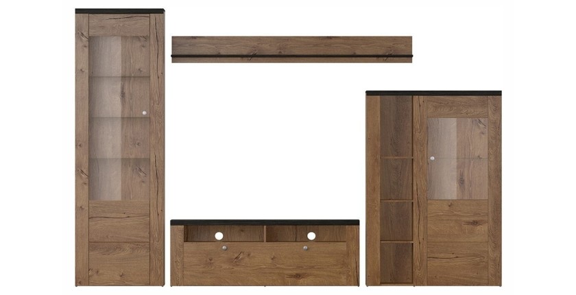 Ensemble de 4 meubles de salon collection SANTIAGO. Coloris chêne et noir effet bois.