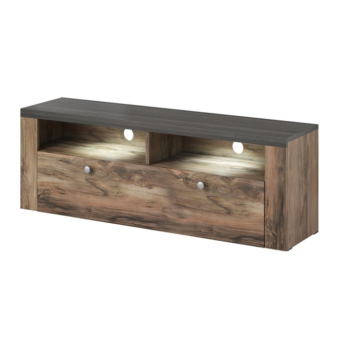 Meuble TV 140cm collection SANTIAGO. Couleur noyer et noir effet bois. 1 Porte