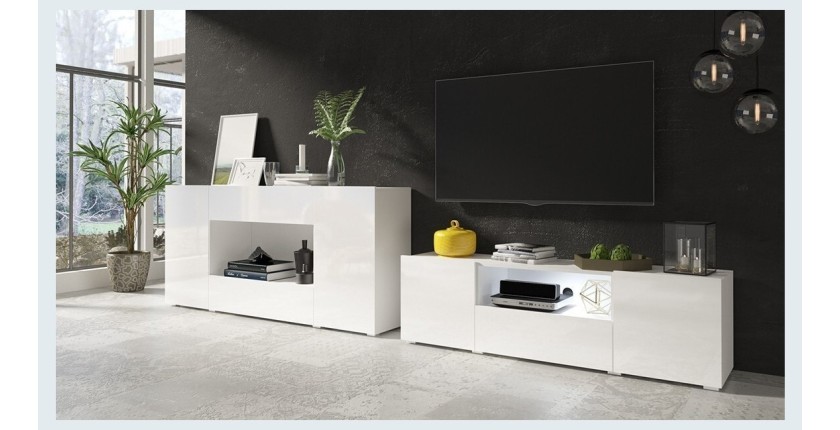 Meuble TV 160cm avec éclairage LED collection PAROS. Couleur blanc brillant.