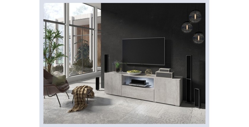 Meuble TV 160cm avec éclairage LED collection PAROS. Couleur gris aspect béton..
