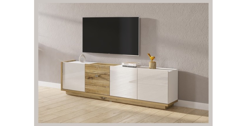 Meuble TV 200cm collection MENDOZA coloris chêne et blanc brillant.