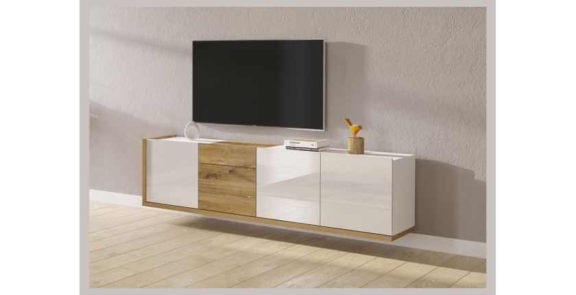 Meuble TV 200cm collection MENDOZA coloris chêne et blanc brillant.