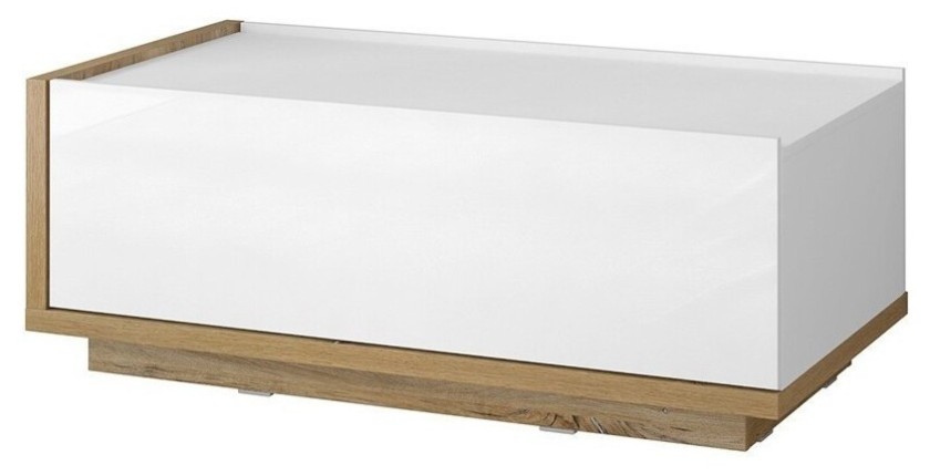 Table basse design avec une porte abattante collection MENDOZA. Couleur chêne et blanc.