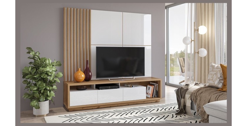 Meuble TV XL avec fond mural décoratif collection CLARA. Couleur chêne et blanc brillant.