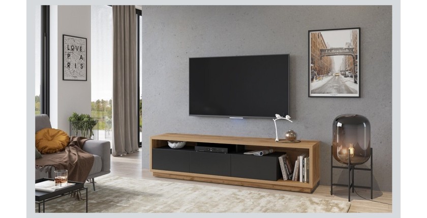 Meuble TV XL 200cm collection CLARA. Couleur chêne et noir mat.
